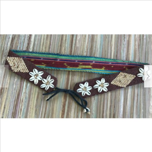 Guatemala Tie-on Belt Beaded & Cowrie Shells Design Flower Pattern Boho Beach - Picture 1 of 7